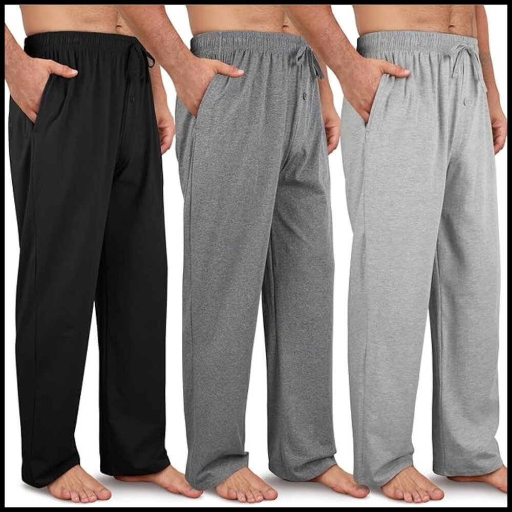 Men's Cotton Pajama Pants 3-Pack with Pockets & Drawstring